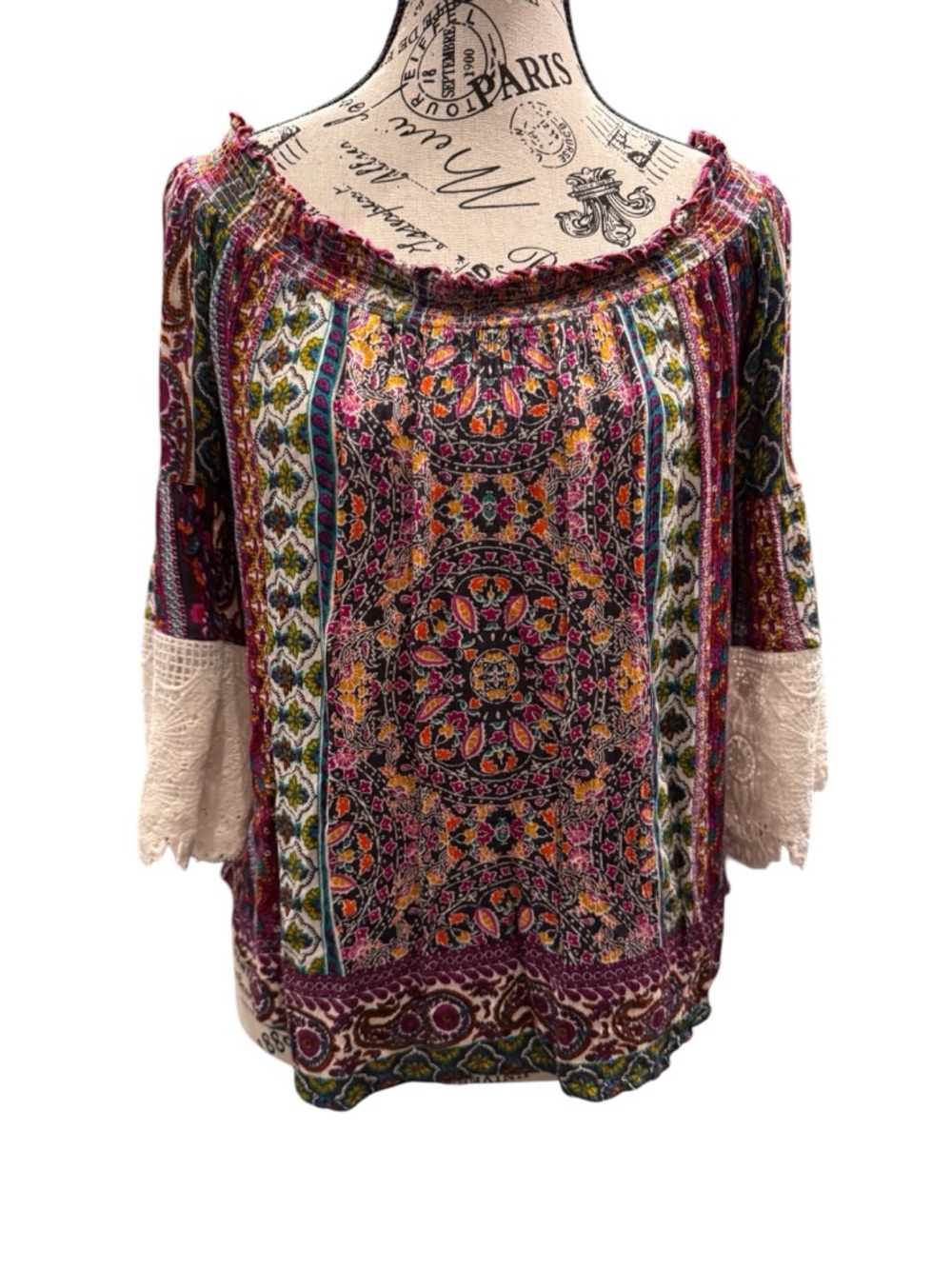 Patrons of Peace Multicolor Boho Off-Shoulder Blouse with Cream Lace Sleeves